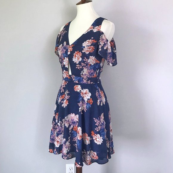 Ali & Jay Los Angeles Anthro Blue Floral Cutout Cold Shoulder Chiffon Mini Dress - Picture 6 of 16